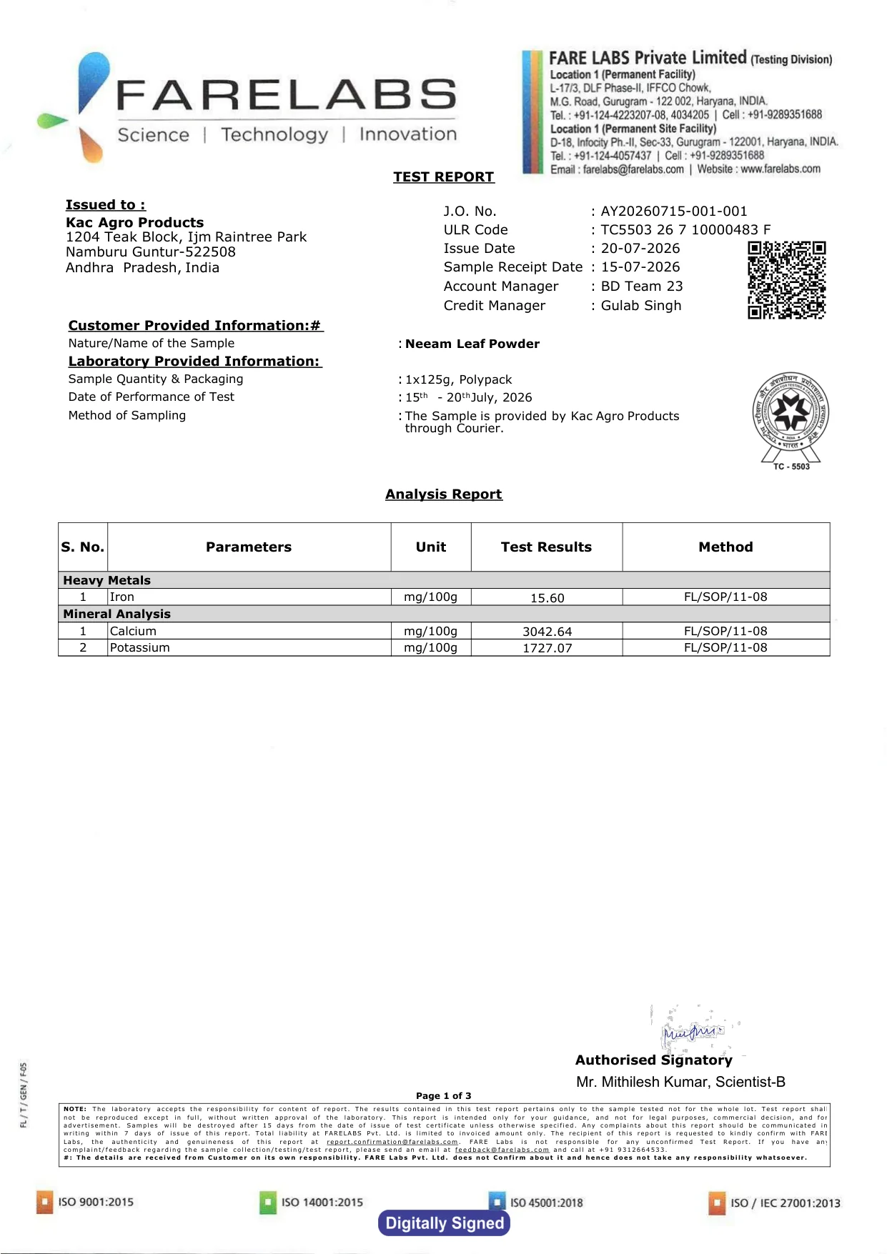 Neem Leaf Powder — FARE Labs test report AY20260715-001-001