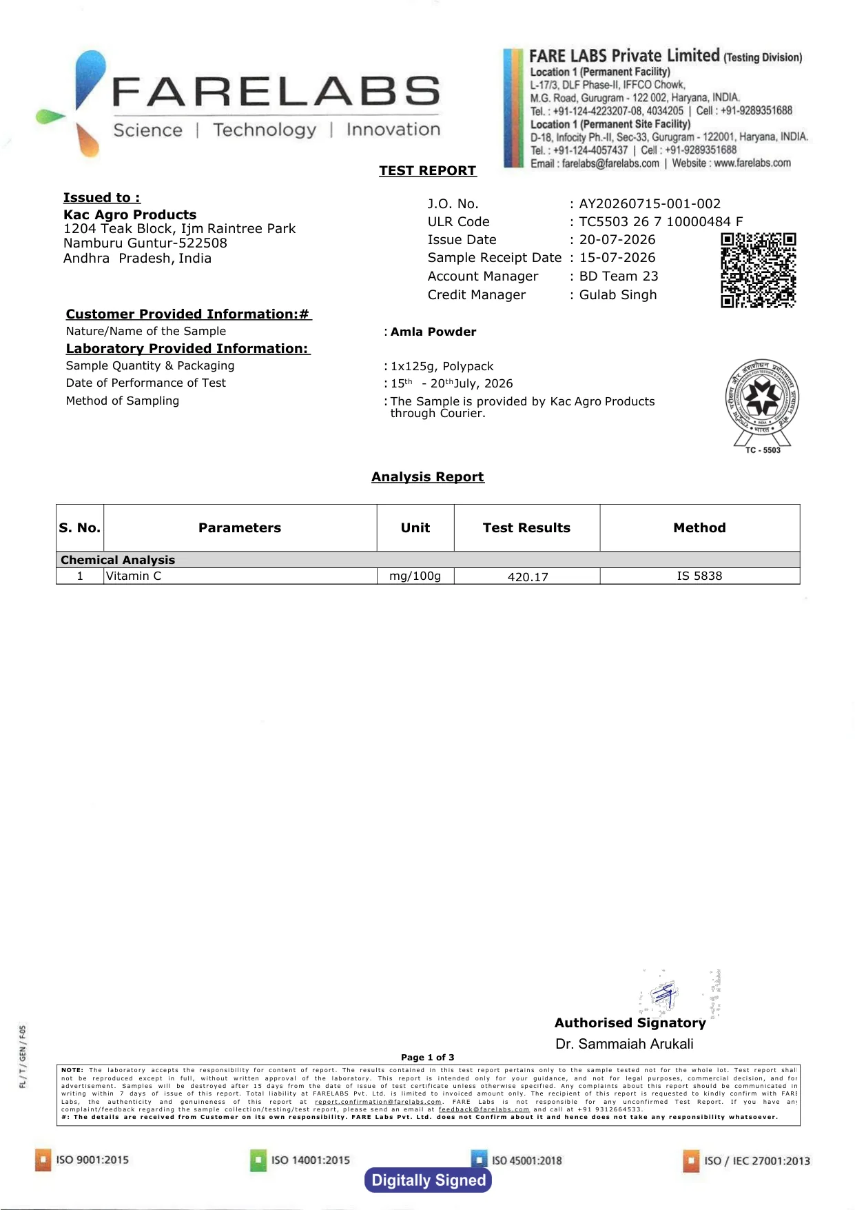 Amla Powder — FARE Labs test report AY20260715-001-002