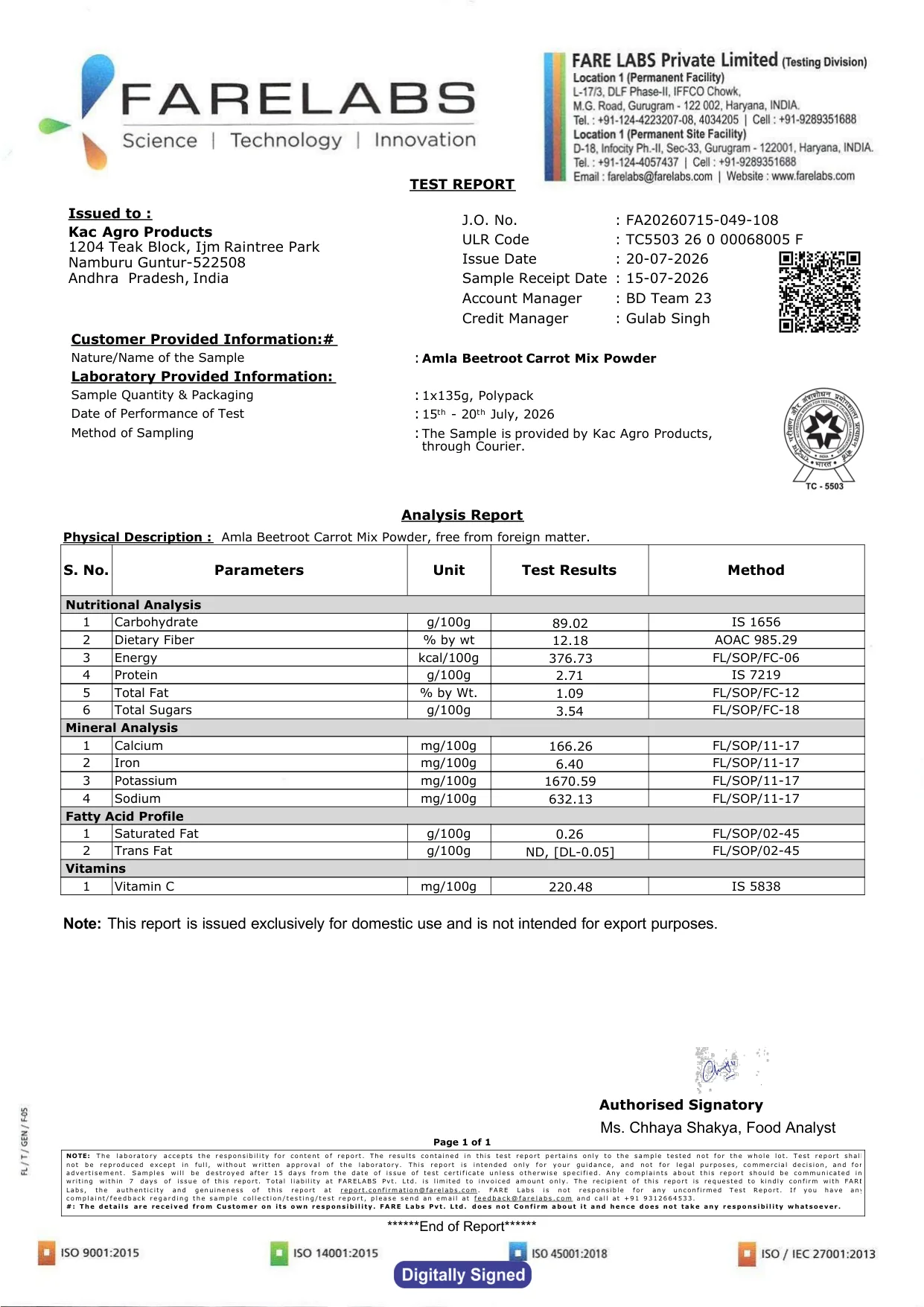 Amla, Beetroot & Carrot Mix Powder — FARE Labs test report FA20260715-049-108
